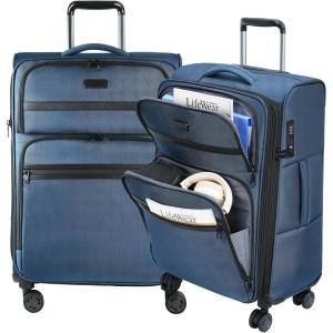 imageKROSER Softside Expandable checked Luggage with Front Business Pockets24 Inch Suitcases with Spinner Wheels amp Builtin TSA Lock Durable Suitcase Rolling Luggage BurgundyHaze Blue24